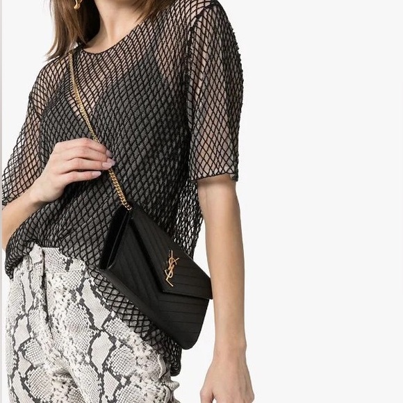 Saint Laurent Monogram Envelope Chain Matelasse Black Leather Cross Body Bag - Picture 8 of 11